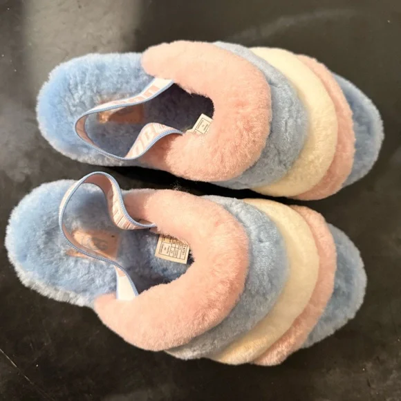 UGG Fluff Yeah Slide Pride Stripes Fur Slippers Women’s Size 7 Comfy Rubber Sole - Picture 7 of 10